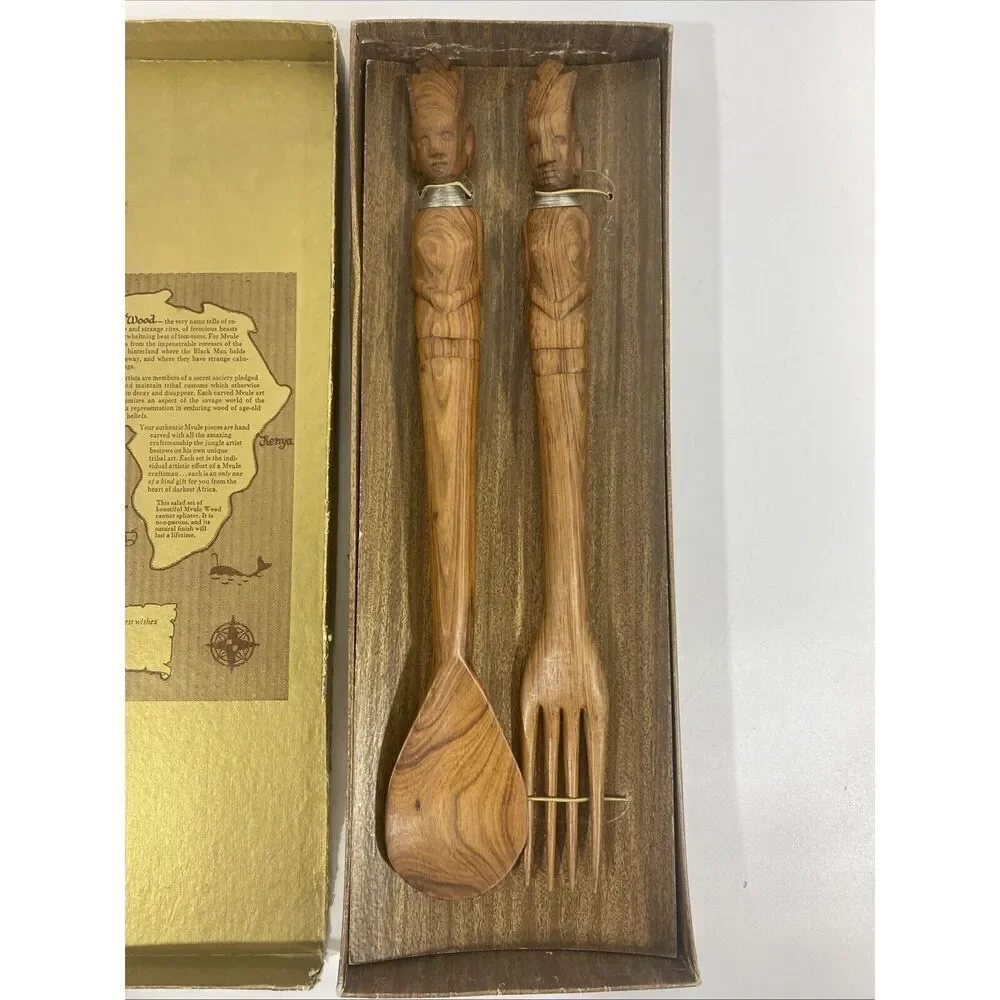 Vintage Salad Server Set African Kenya Mvule Wood Fork Spoon New w/Box